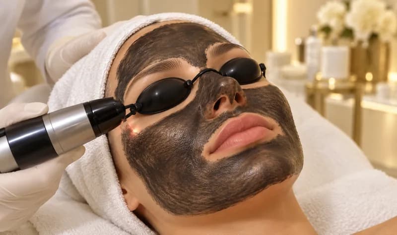 Carbon-Peeling mit schwarzer Gesichtsmaske und Laserschutzbrille