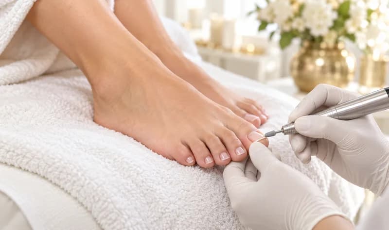 Professionelle Fußpflege mit einem rotierenden Nagelfräser und behandschuhten Händen
